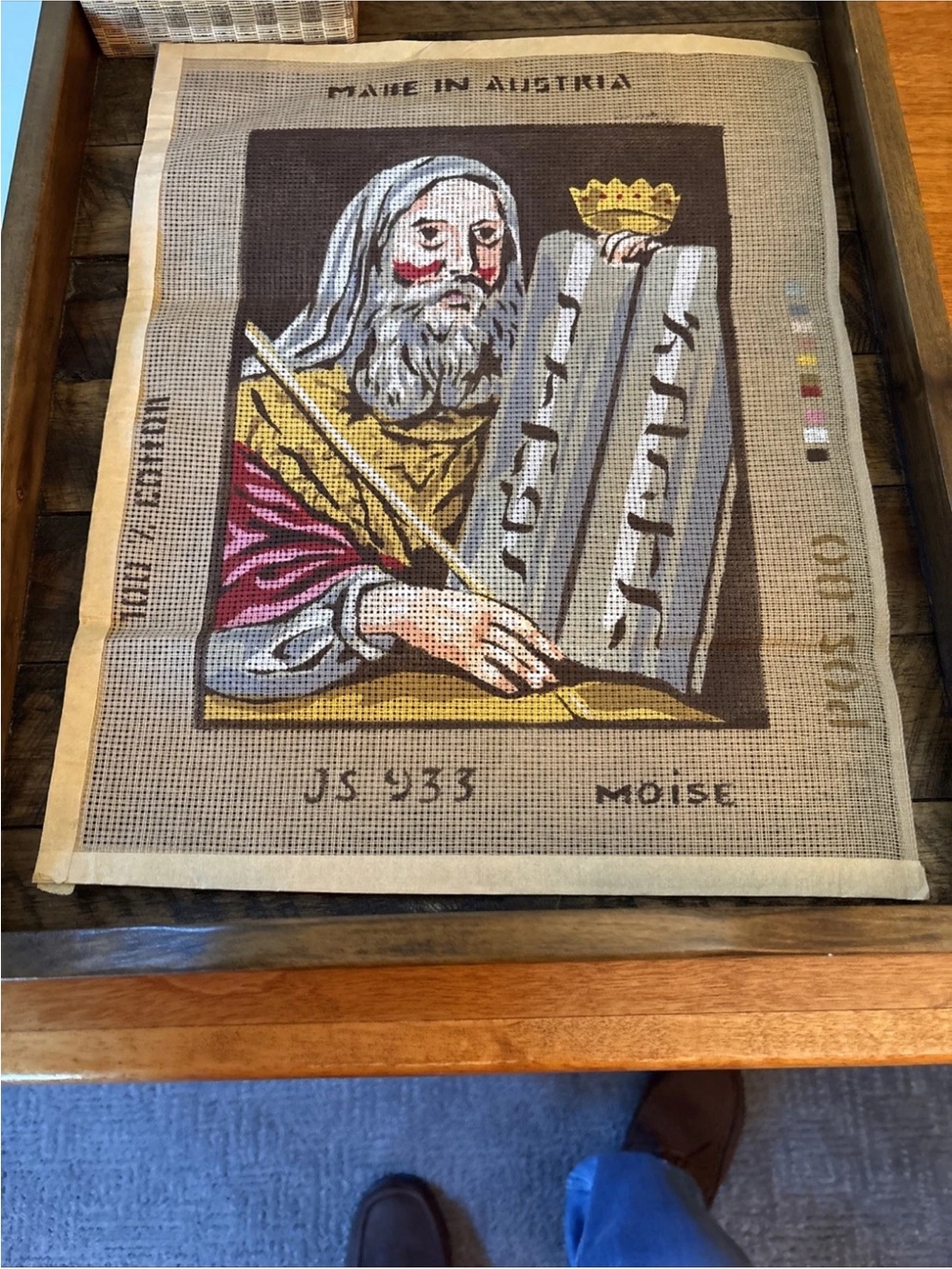 Source Unknown Needlepoint of Rabbi Holding A Torah in Cream, Gray, Gold, Red